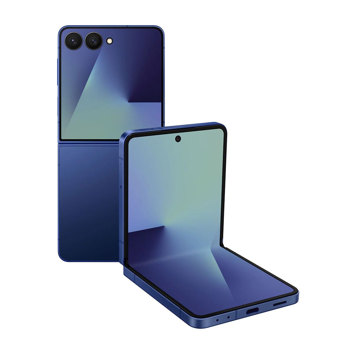 Dos modelos Galaxy Z Flip 7 se ilustran en la representación sobre fondo blanco.