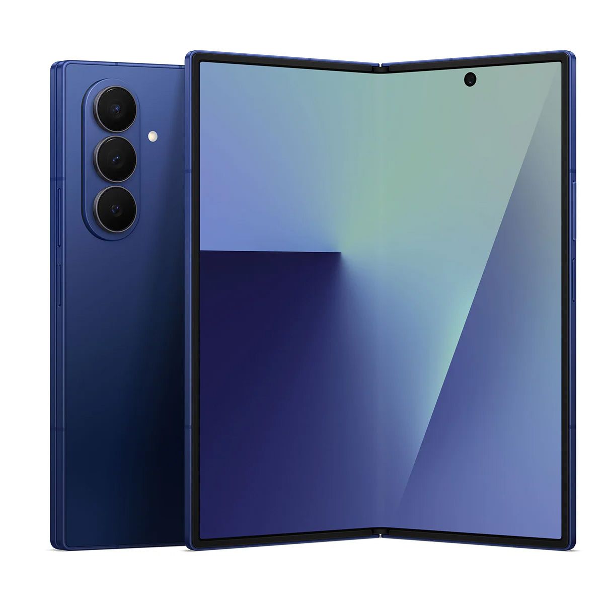 在白色背景上以蓝色为蓝色的Galaxy z折叠。