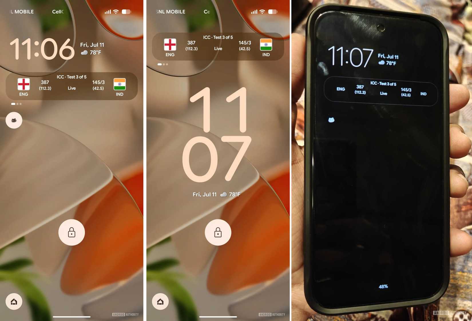 Screenshots of Gemini Space on the lock screen and AOD with different sized clocks.