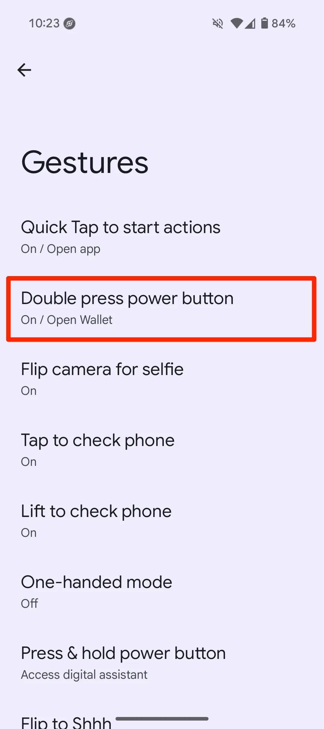 Red box highlighting double press power button option in Google Pixel Gestures menu