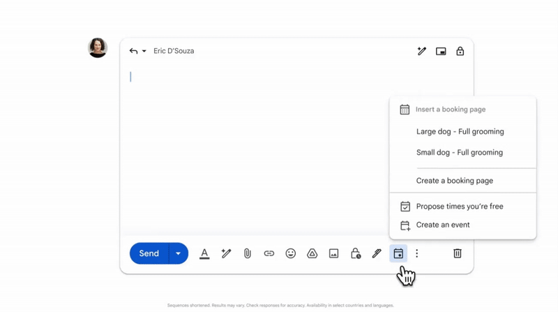 A GIF highlighting the new option to add a booking page to your Gmail email.
