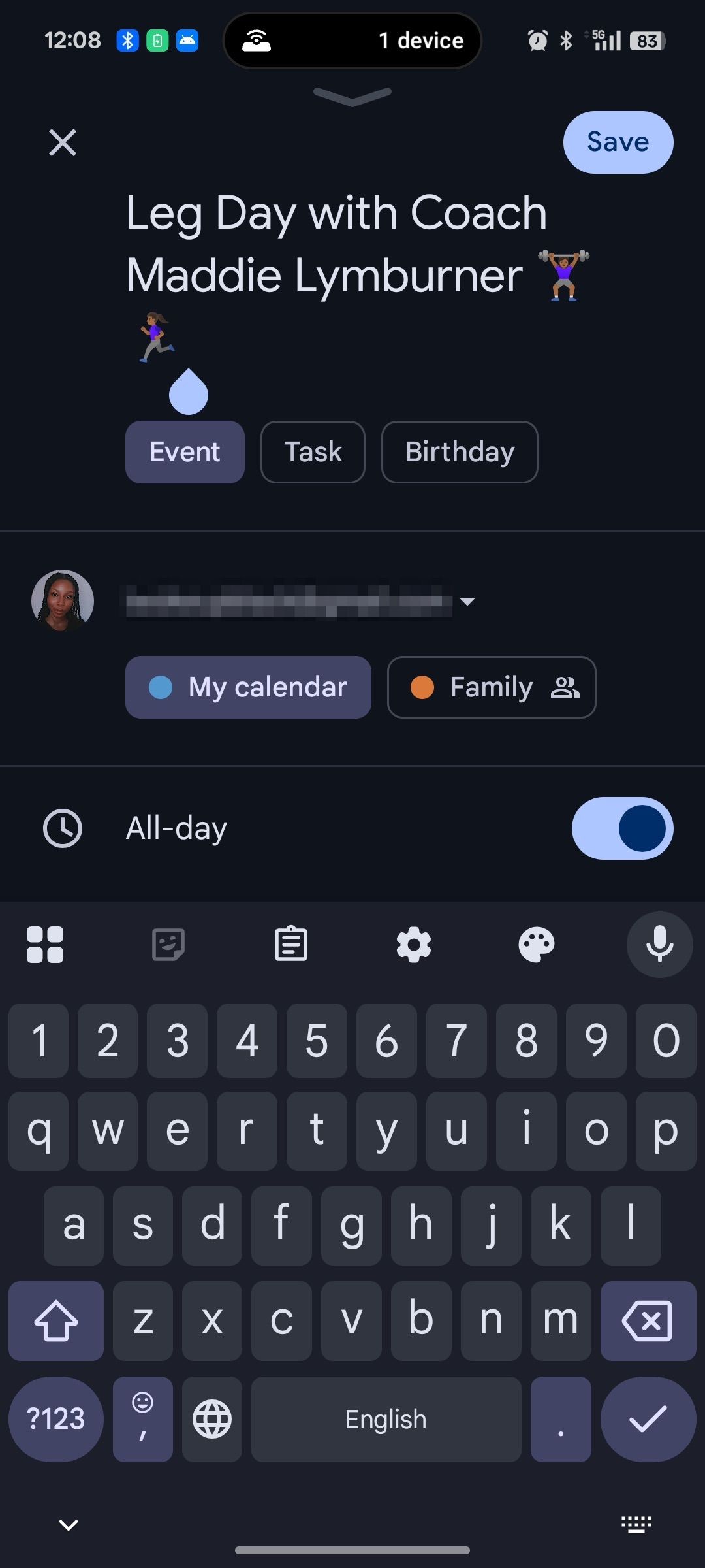 User creating Google Calendar reminder to do leg day workout with coach