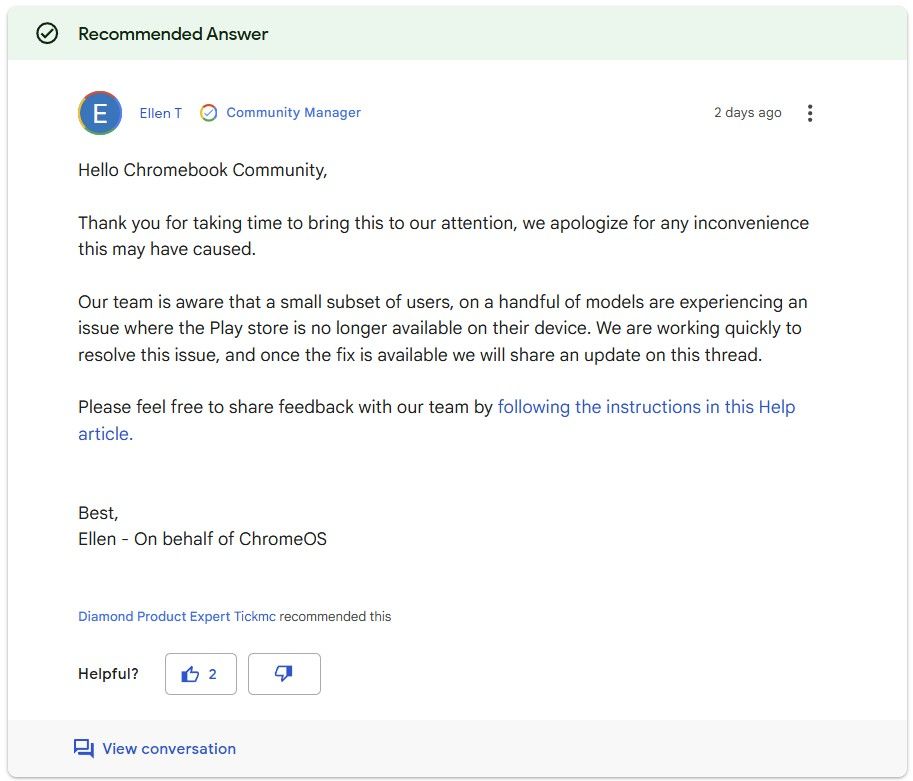 A screenshot highlighting Google's acknowledgement of the bug and the fact that it is working on a fix.