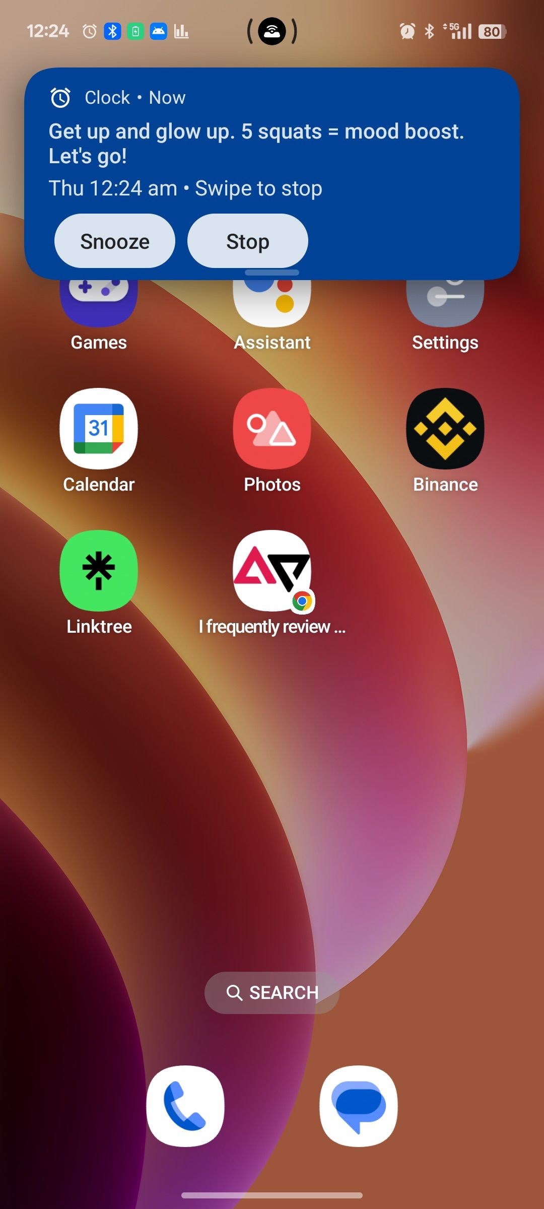 Google Clock alarm with custom label encouraging user to workout for a mood boost