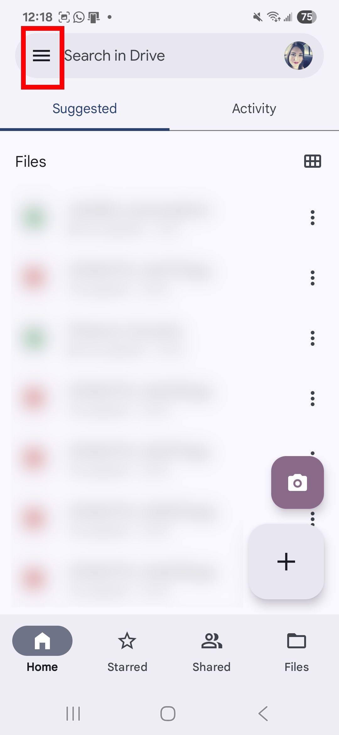 Selecting the menu icon in the upper-left corner of the Google Drive app