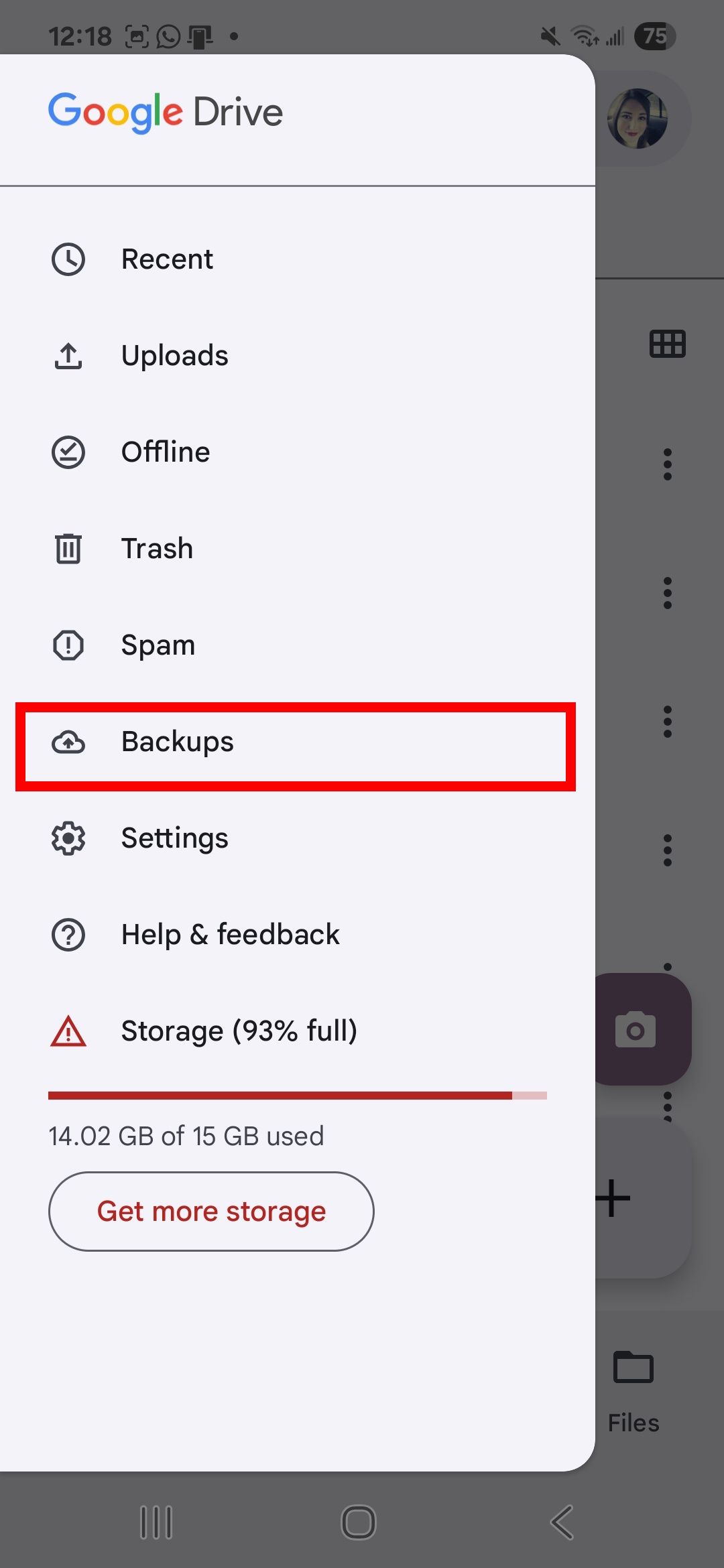 Red rectangle outline selecting Backups in the Google Drive menu on Android