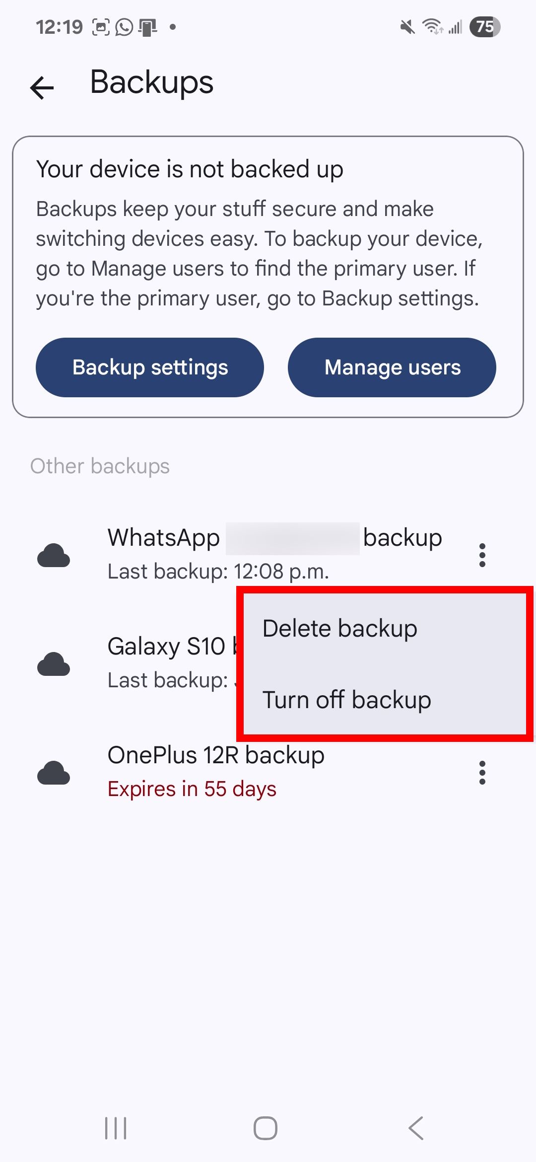 Red rectangle highlighting the Delete backup and Turn off backup over for your WhatsApp backup on the Google Drive app