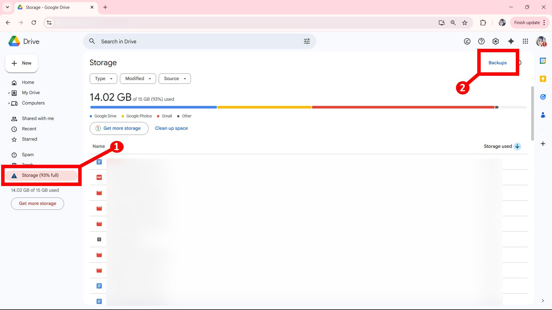 Two labels with 1 and 2 pointing to Storage and Backups on Google Drive web