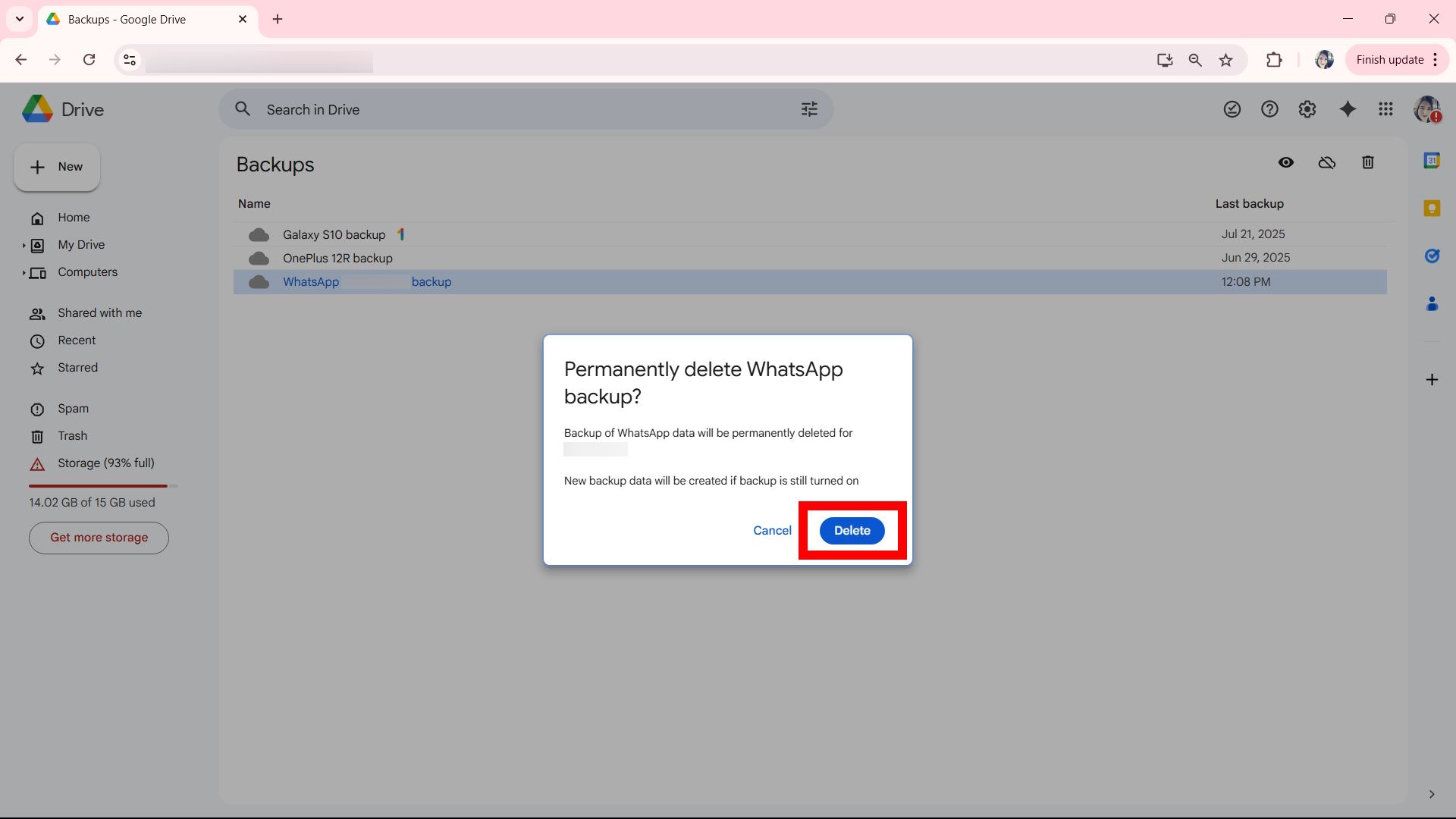 Red rectangle outline highlighting the Delete button for Permanently delete WhatsApp backup prompt on Google Drive web