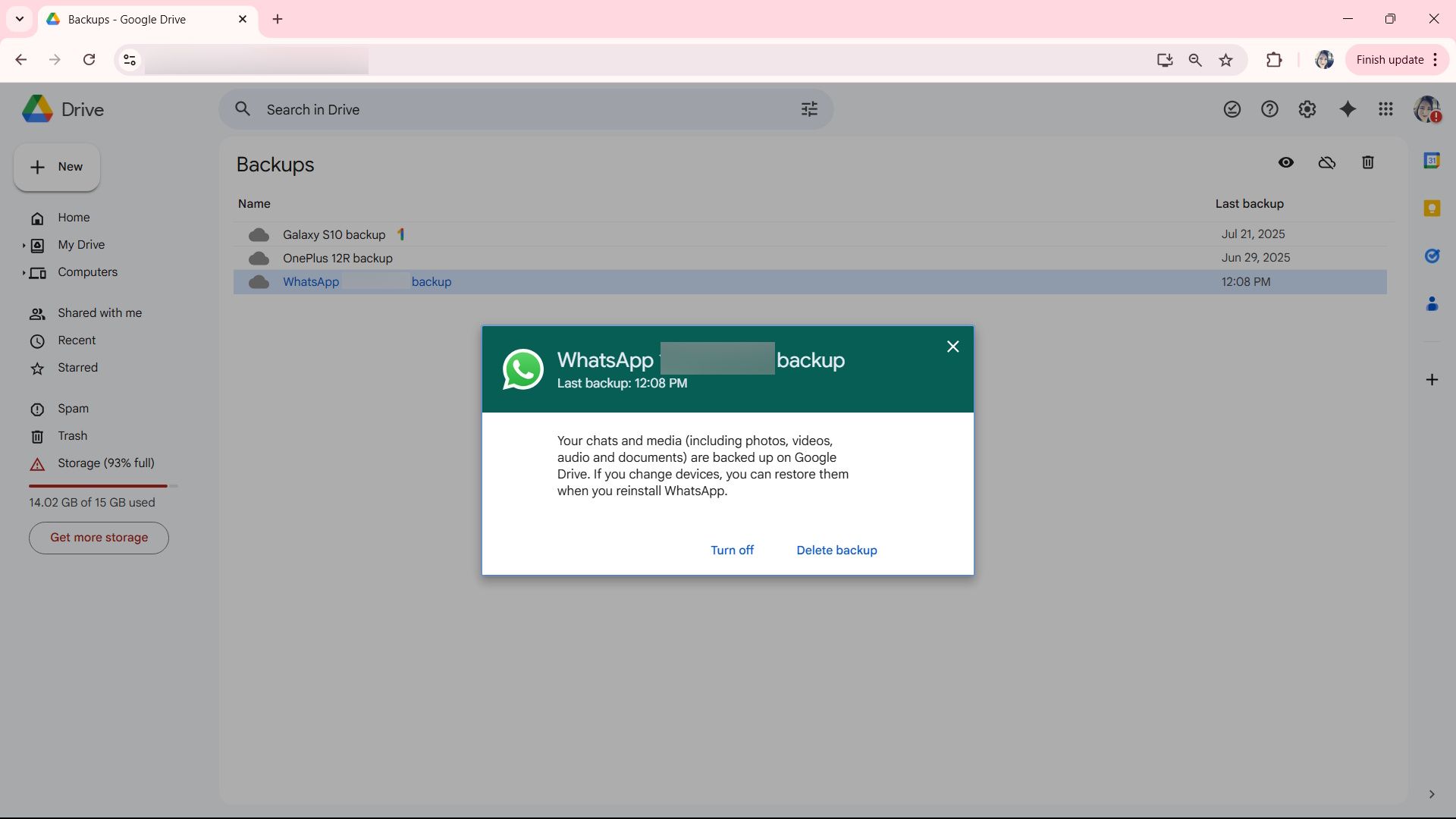 A prompt showing the stored WhatsApp backup on Google Drive web with turn off and delete backup option