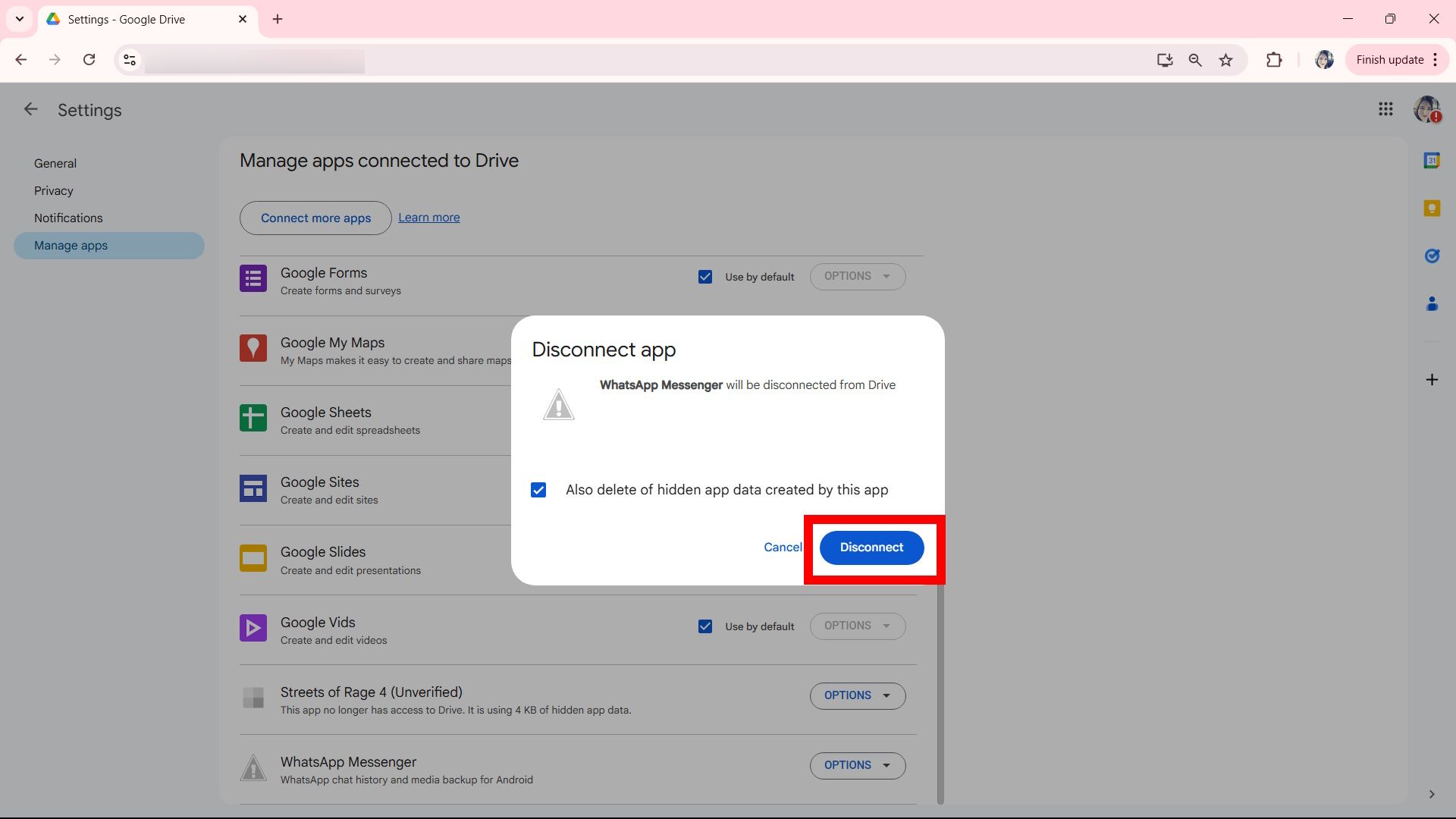 Red rectangle highlighting Disconnect option for Disconnect app on WhatsApp Messenger in Google Drive web
