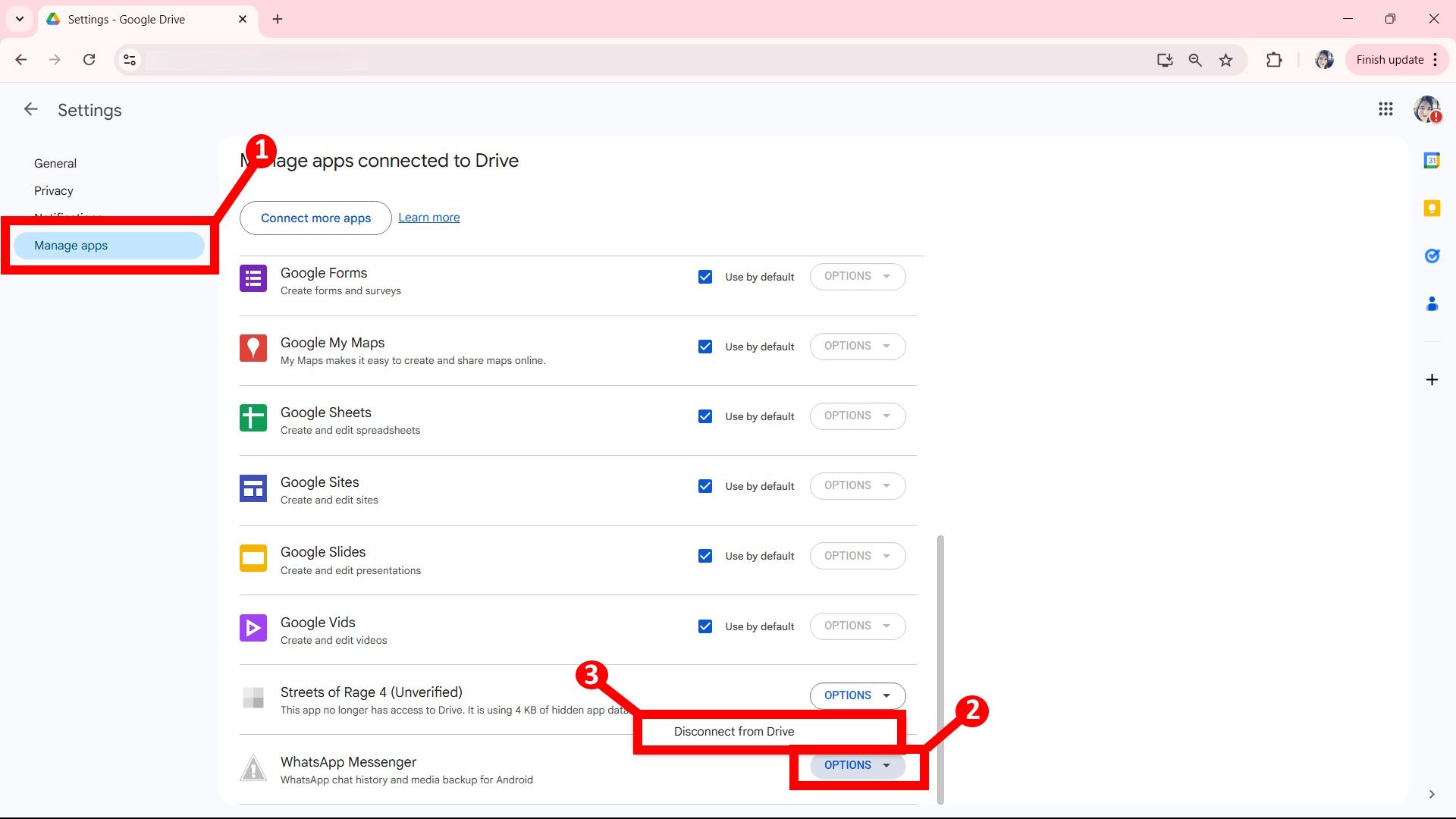 Three tabels showing the Manage apps, Options dropdown, Disconnect from Drive options in Google Drive web