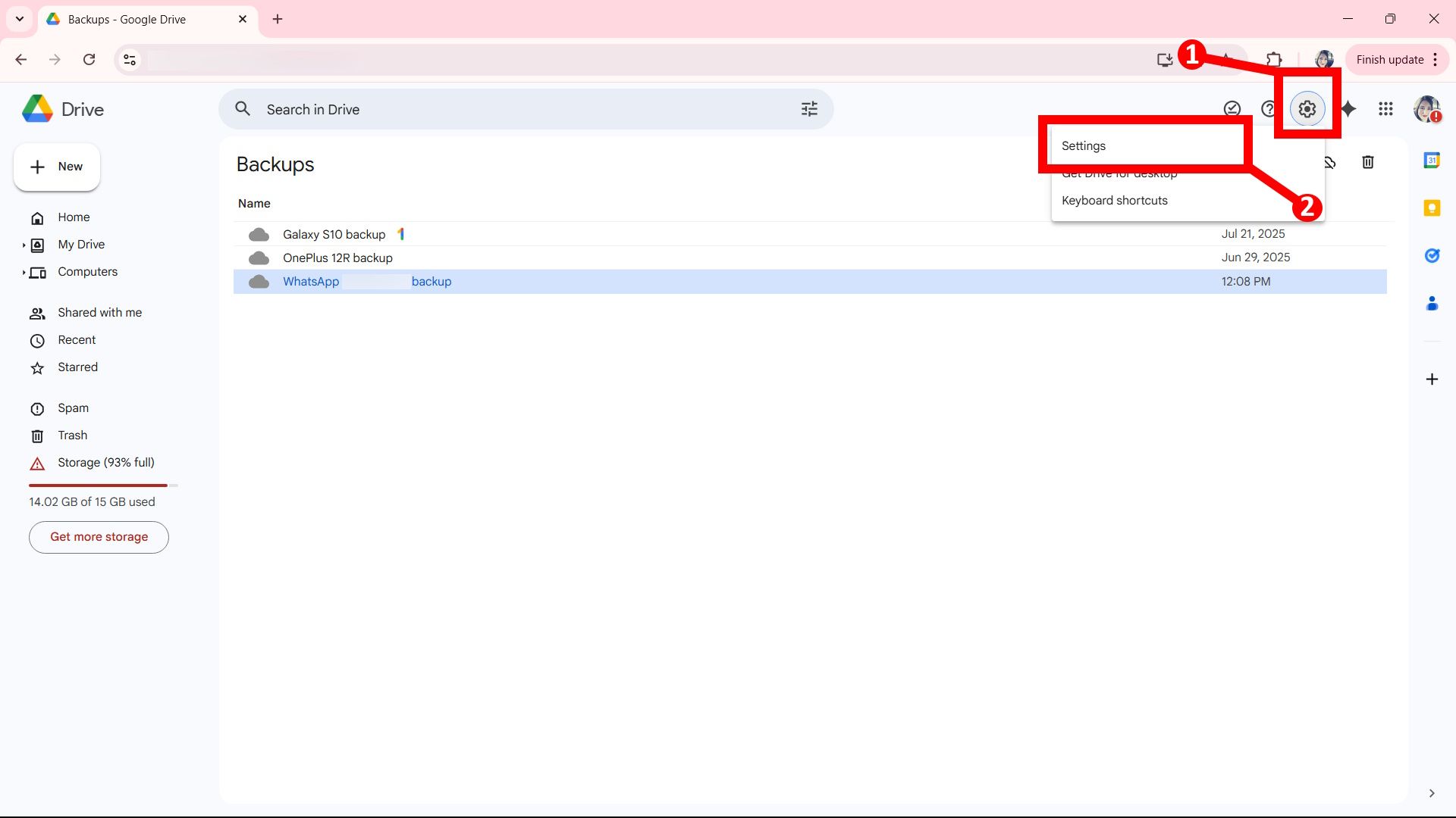 Two labels with 1 and 2 showing the gear icon and the settings option on Google Drive web while viewing backups