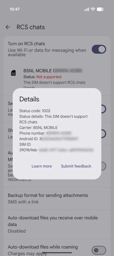 屏幕截图在Google RCS聊天中显示上下文详细信息消息