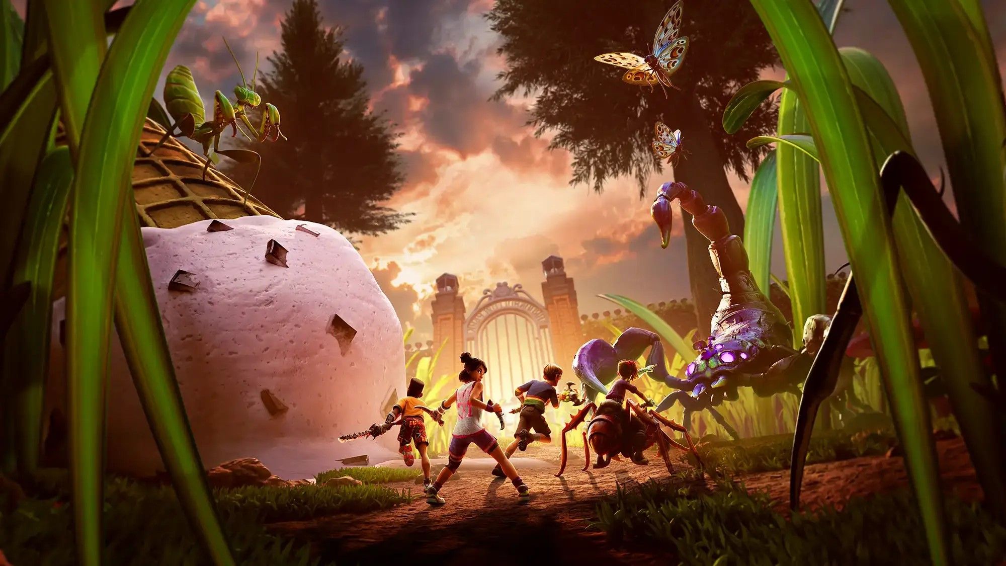Arte conceitual de Grounded 2 mostrando personagens em miniatura enfrentando insetos gigantes em um cenário de quintal