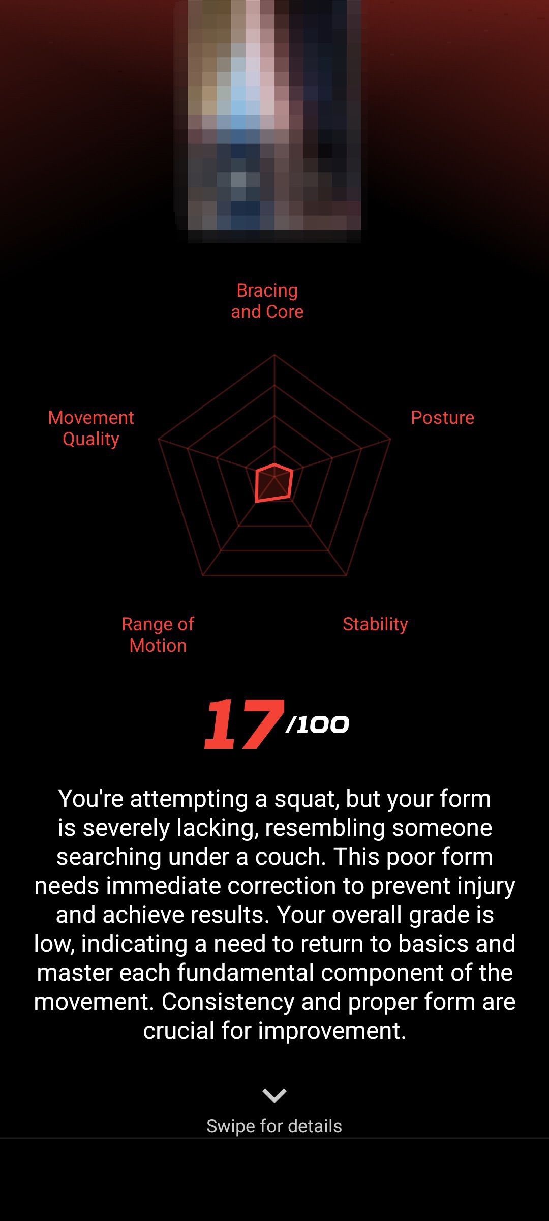User posture feedback informing user of poor form and 17 over 100 rating on Gymscore AI app
