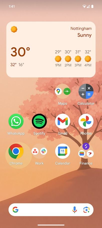 La pantalla de inicio de Android muestra aplicaciones y widgets sobre fondo de pesca