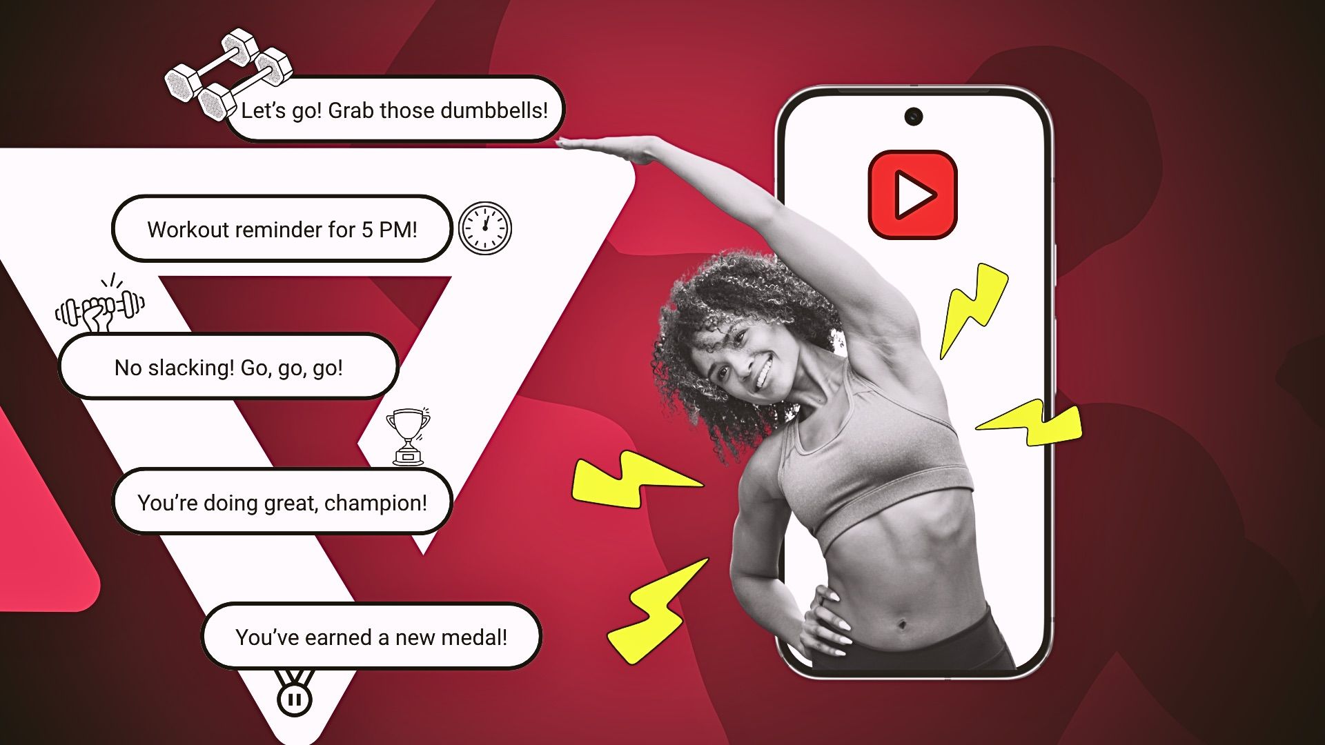 Woman popping out of phone with motivational workout quotes surrounding her