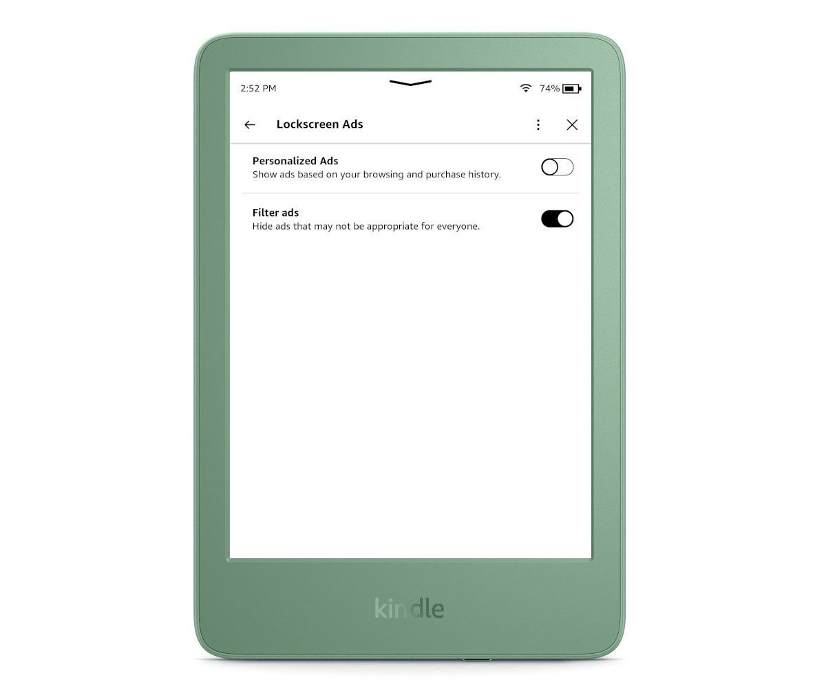 Screenshot showing Kindle screen with new setting to hide innaproriate advertisements