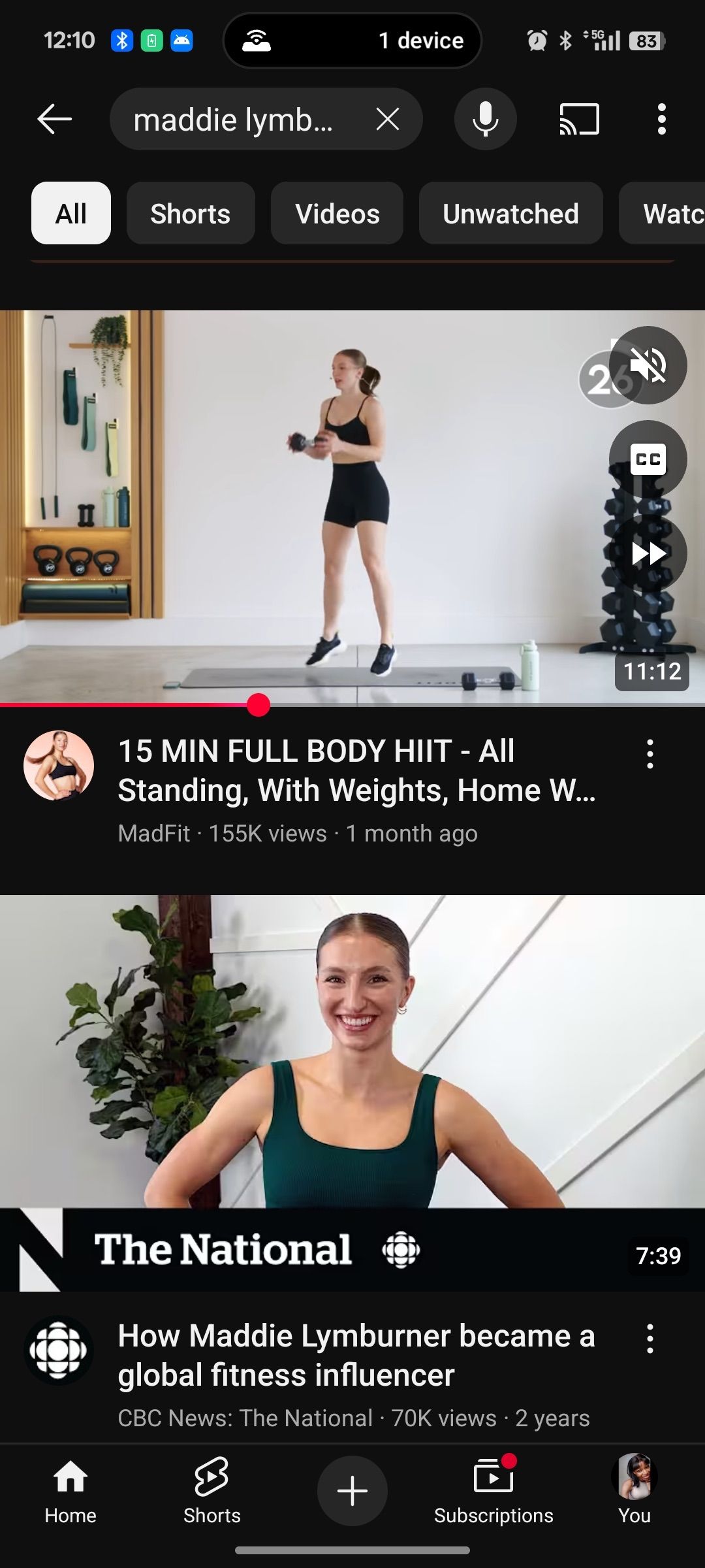 Workout videos on YouTube filtered to a specific fitness influencer