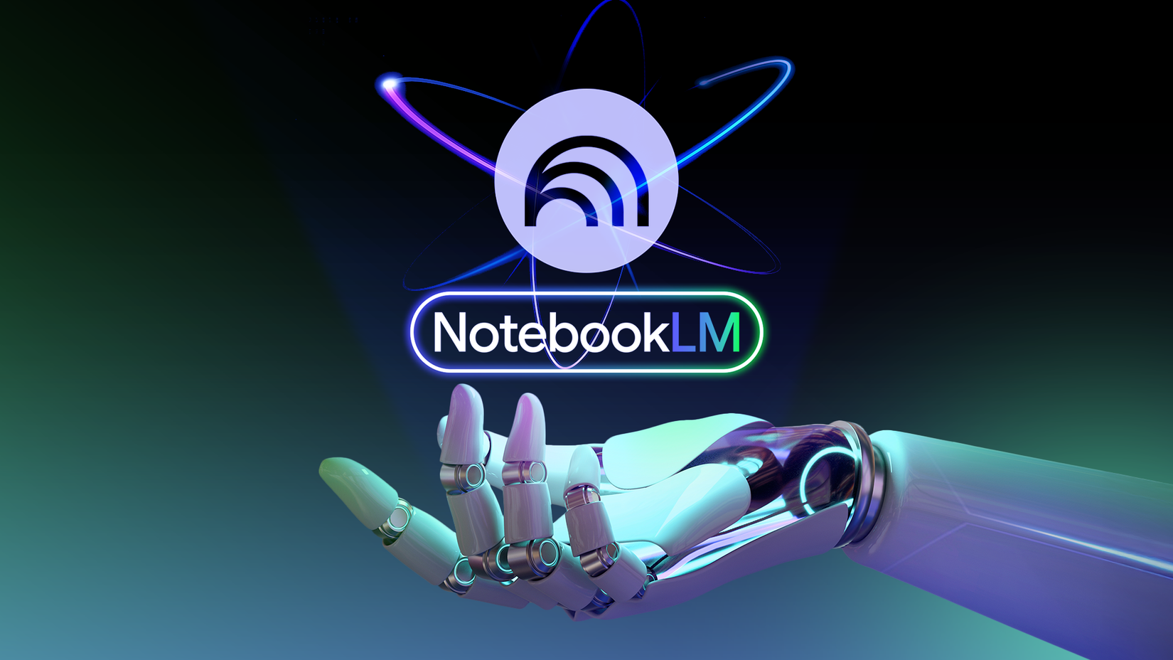 A robotic hand reaching out with the NotebookLM logo floating above it.