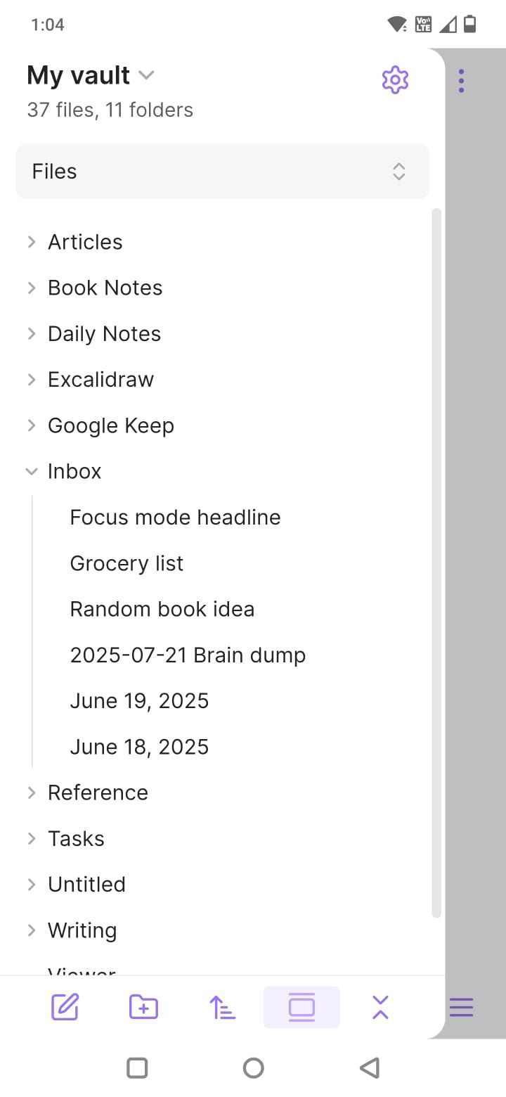 Screenshot showing the Inbox folder in the Obsidian app