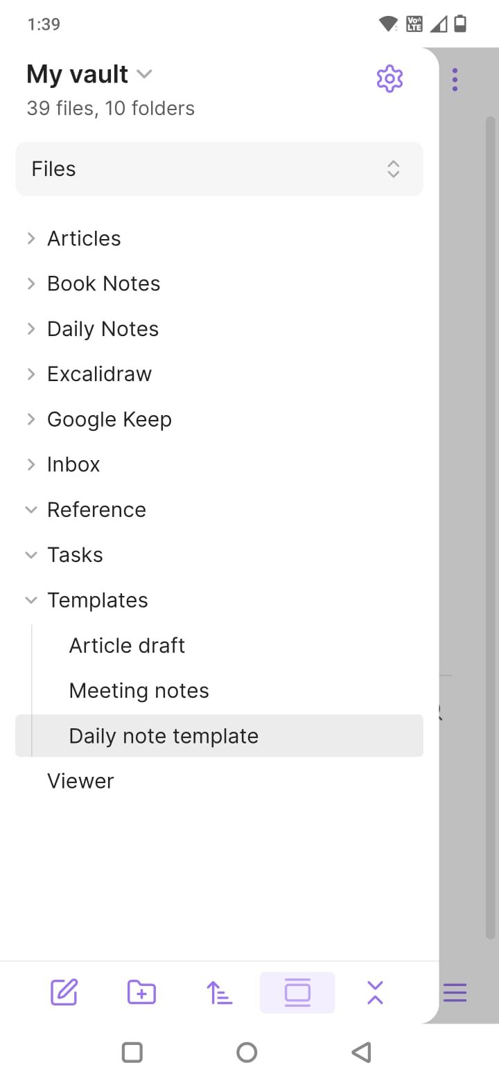Screenshot showing the Templates folder in the Obsidian app