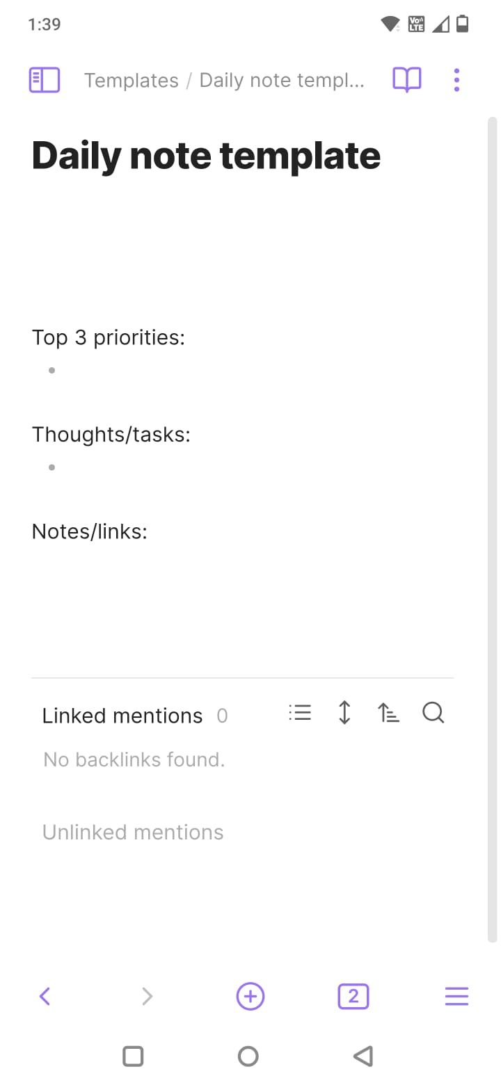 Screenshot showing the Daily note template in the Obsidian app