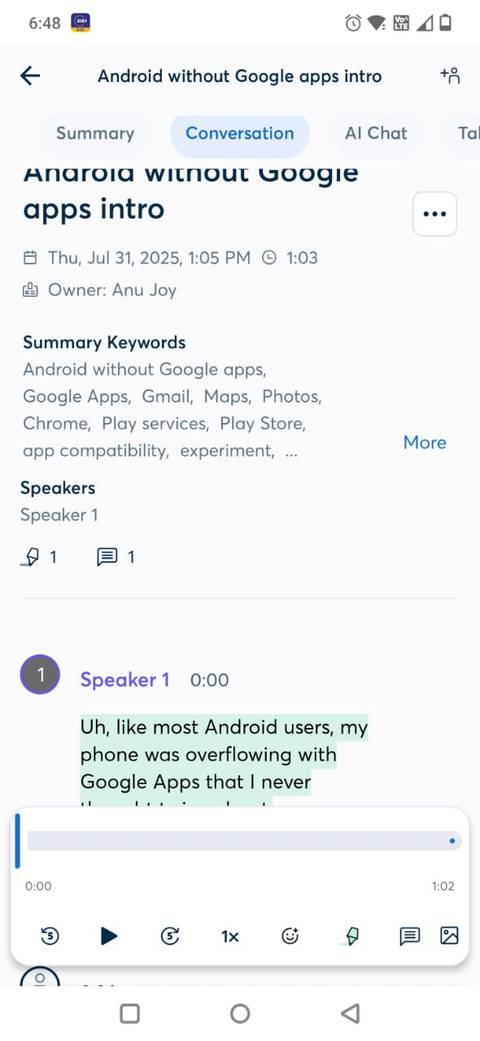 Screenshot of a transcript in the Otter.ai app