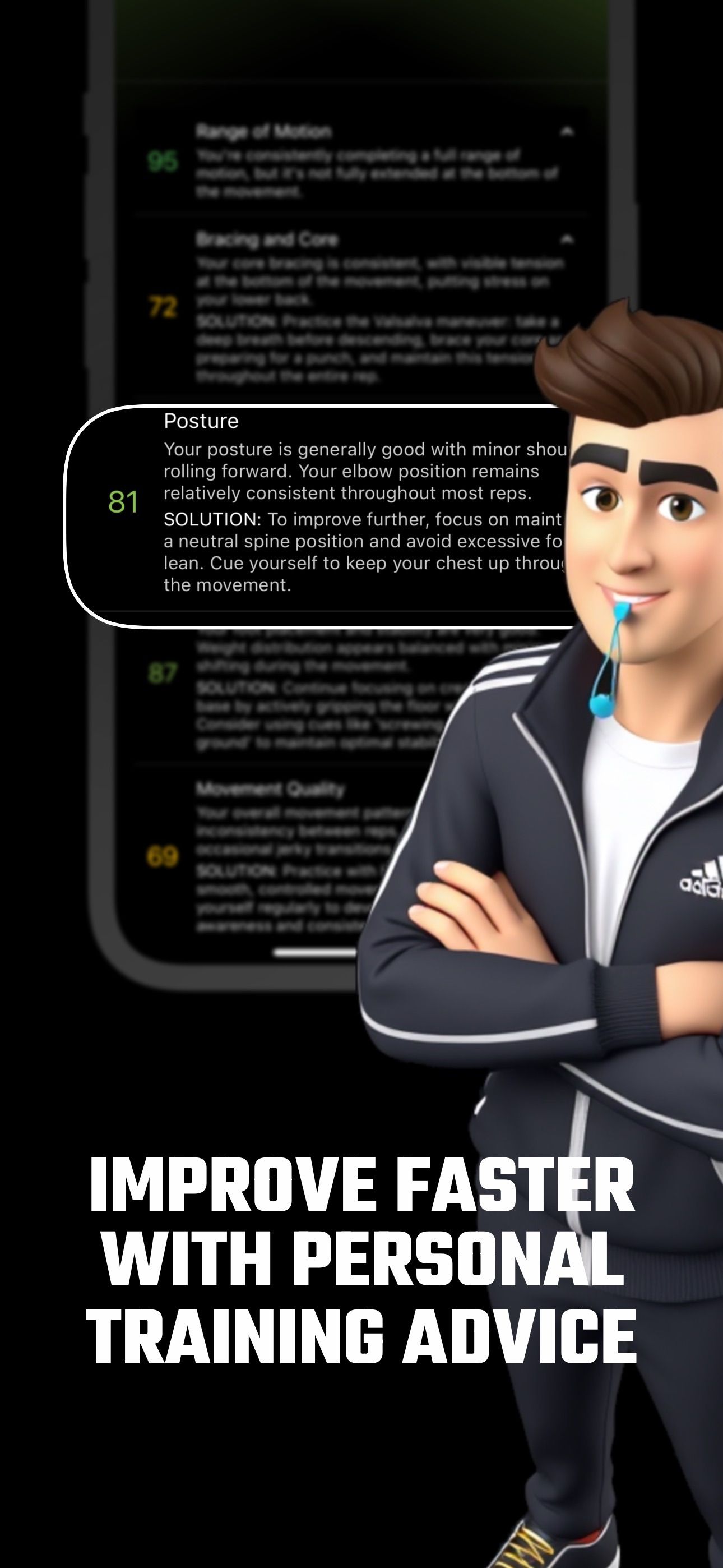 Animated character standing beside workout posture tips on Gymscore AI app
