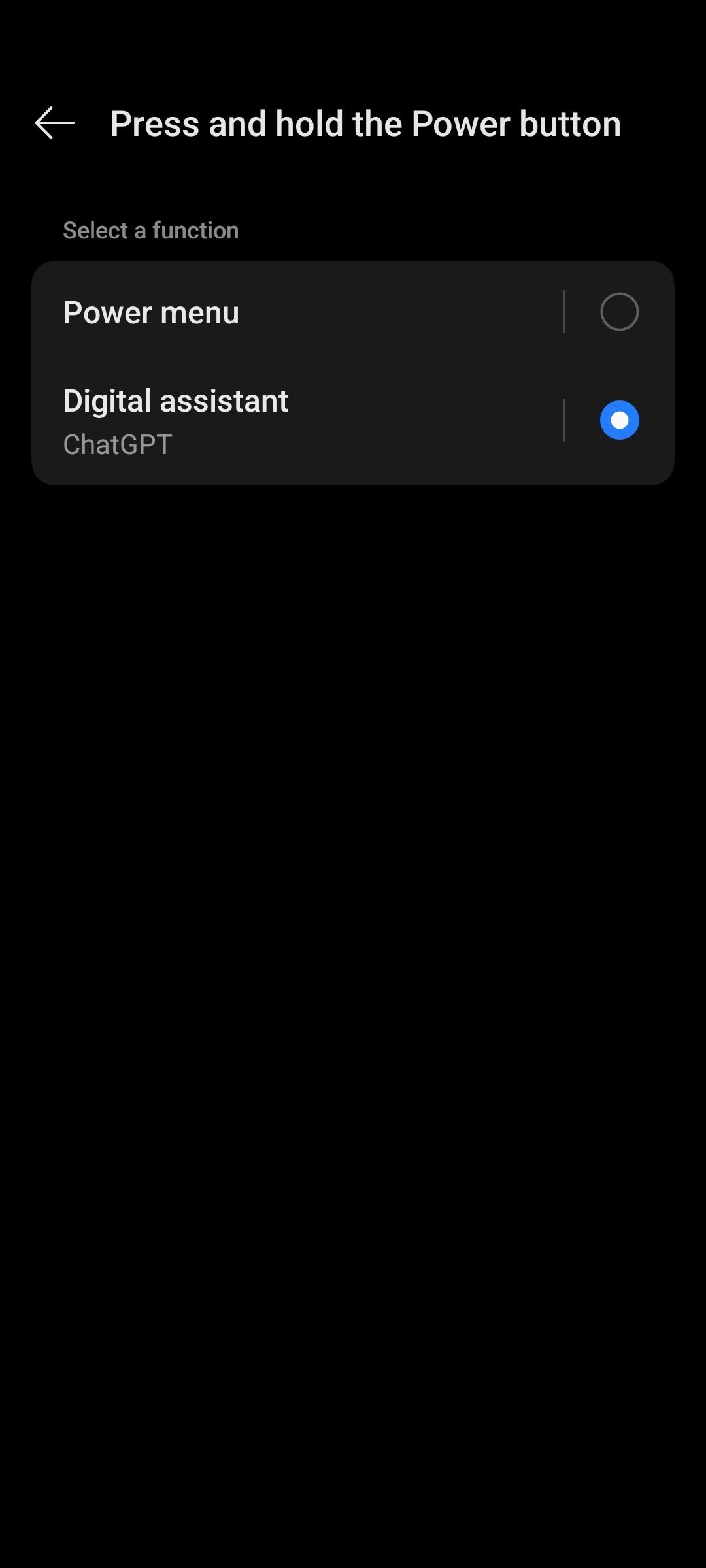 Menu showing ChatGPT selected as preferred power button long-press trigger