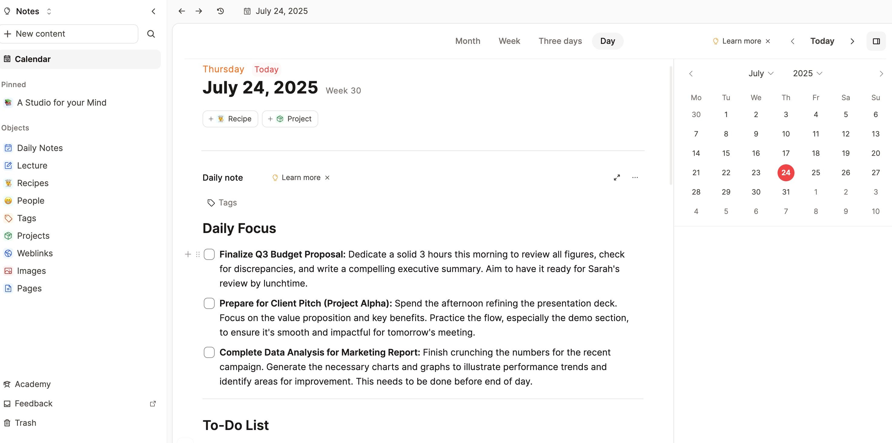 Capacities daily notes