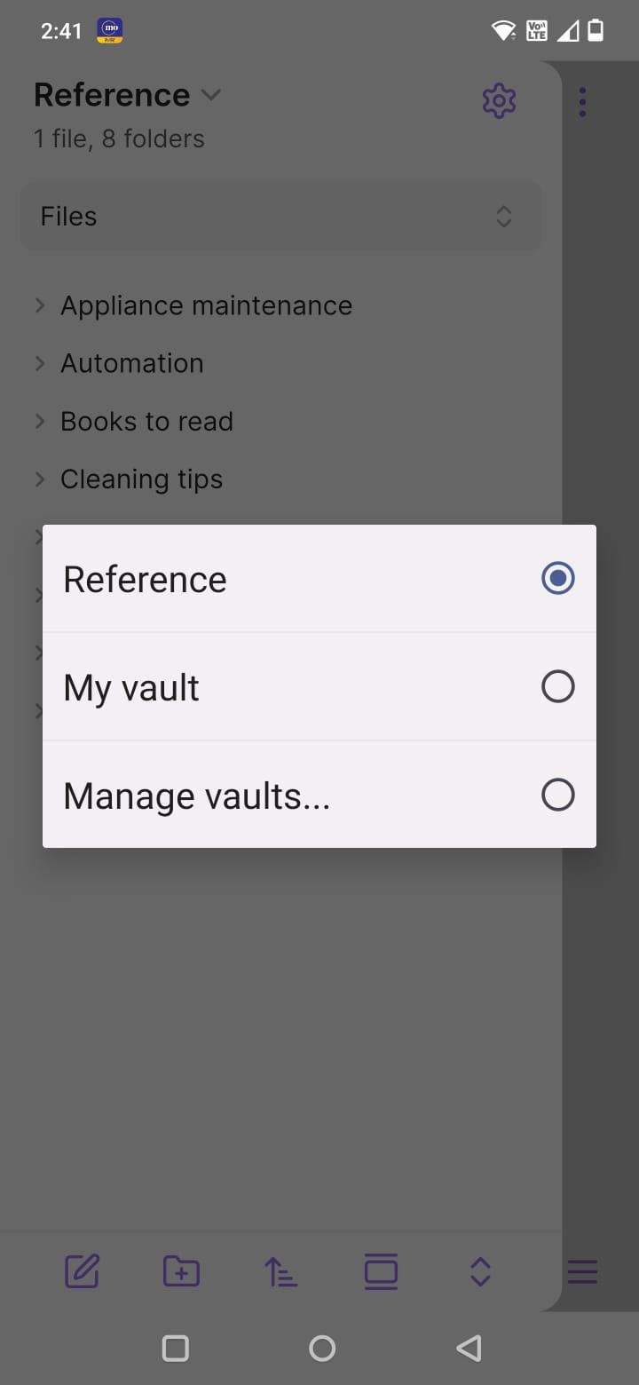 Screenshot showing the vaults in the Obsidian app