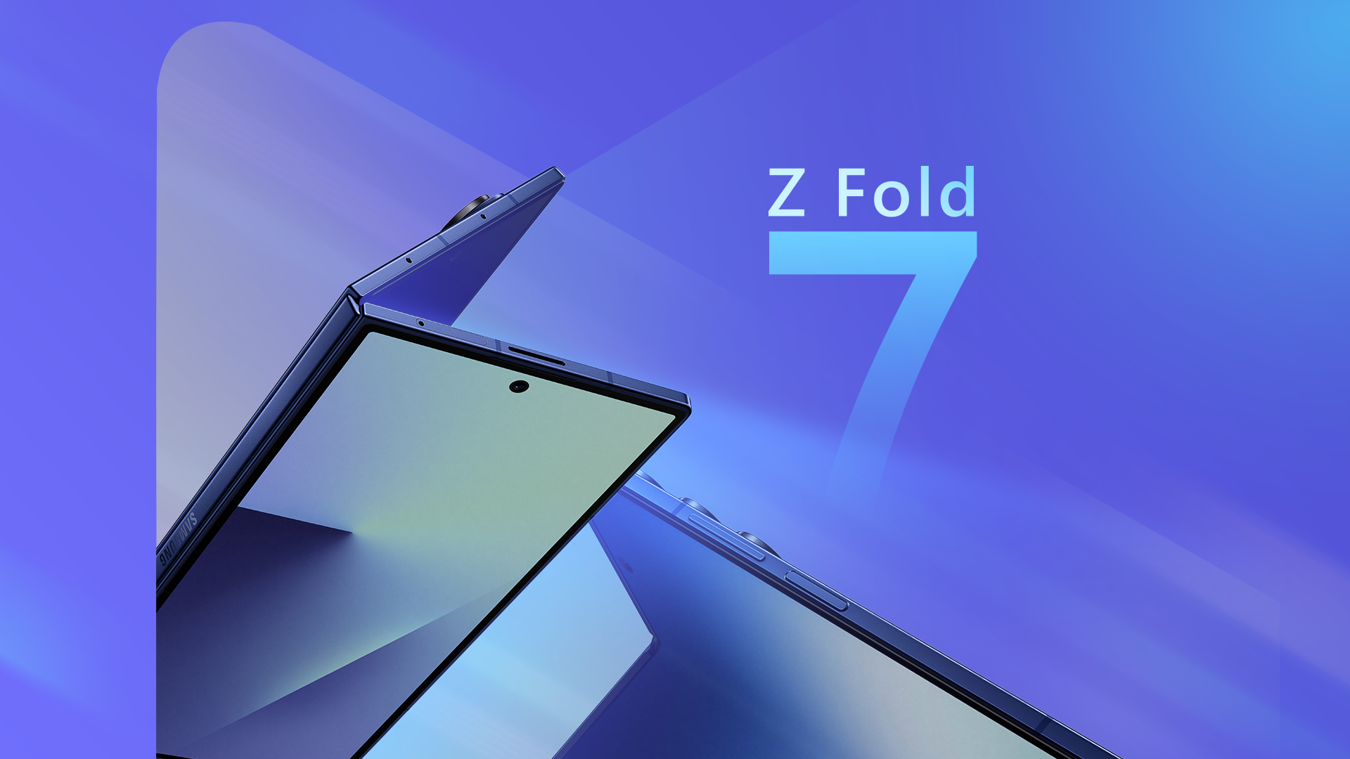 Samsung Galaxy Z Fold 7 partially unfolded, set against a gradient background with the text 'Z Fold7' prominently displayed.