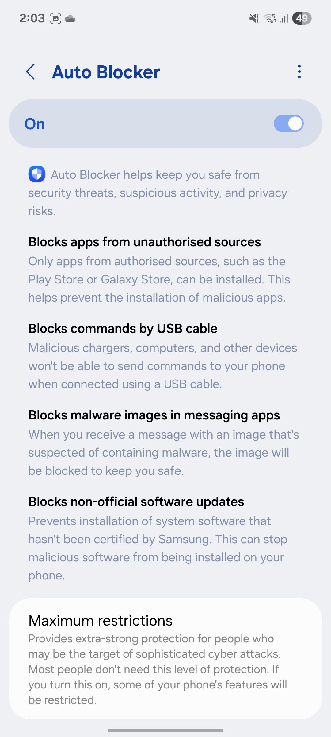 enable auto blocker on Samsung