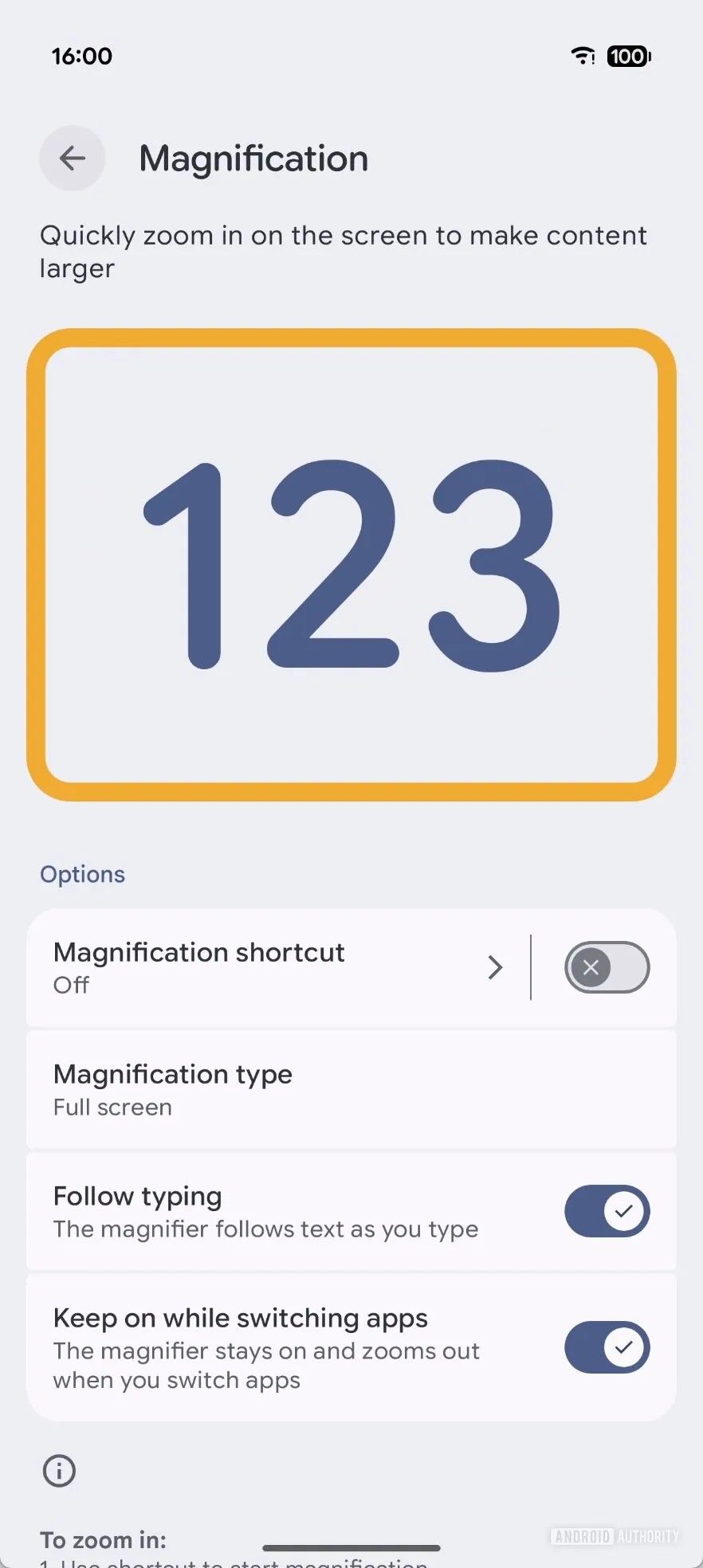 Screenshot showing screen magnification options in Android 16 QPR1