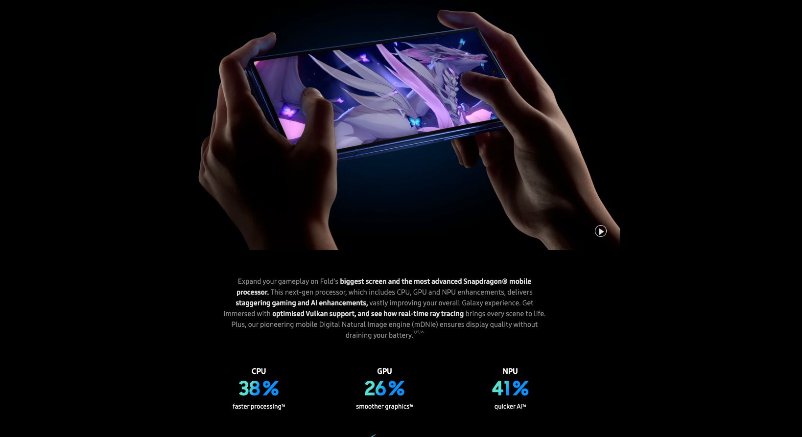 Person holding a Samsung Galaxy Z Fold 7 in landscape mode while gaming, with performance stats for CPU, GPU, and NPU improvements displayed below