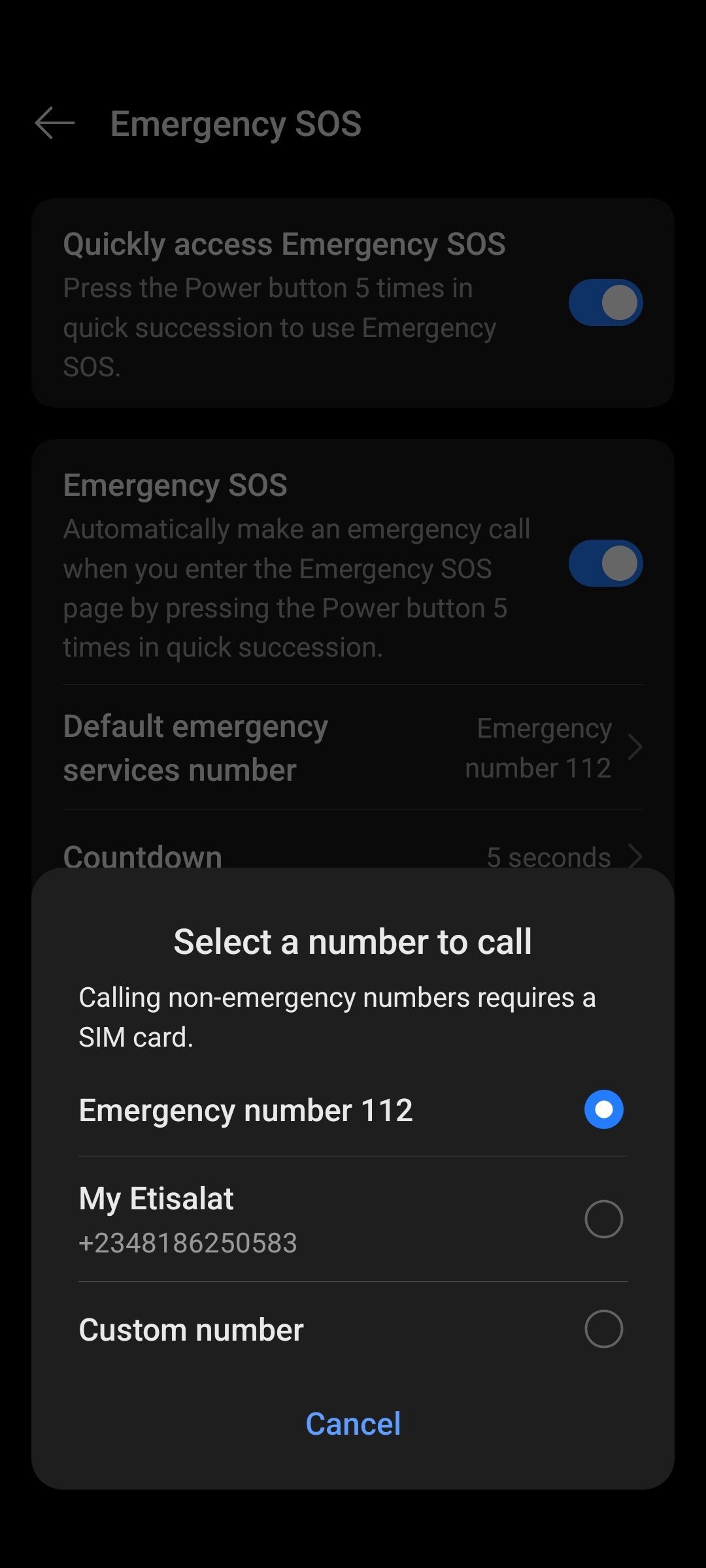 Menu showing options for choosing local emergency number or custom phone number with emergency SOS feature