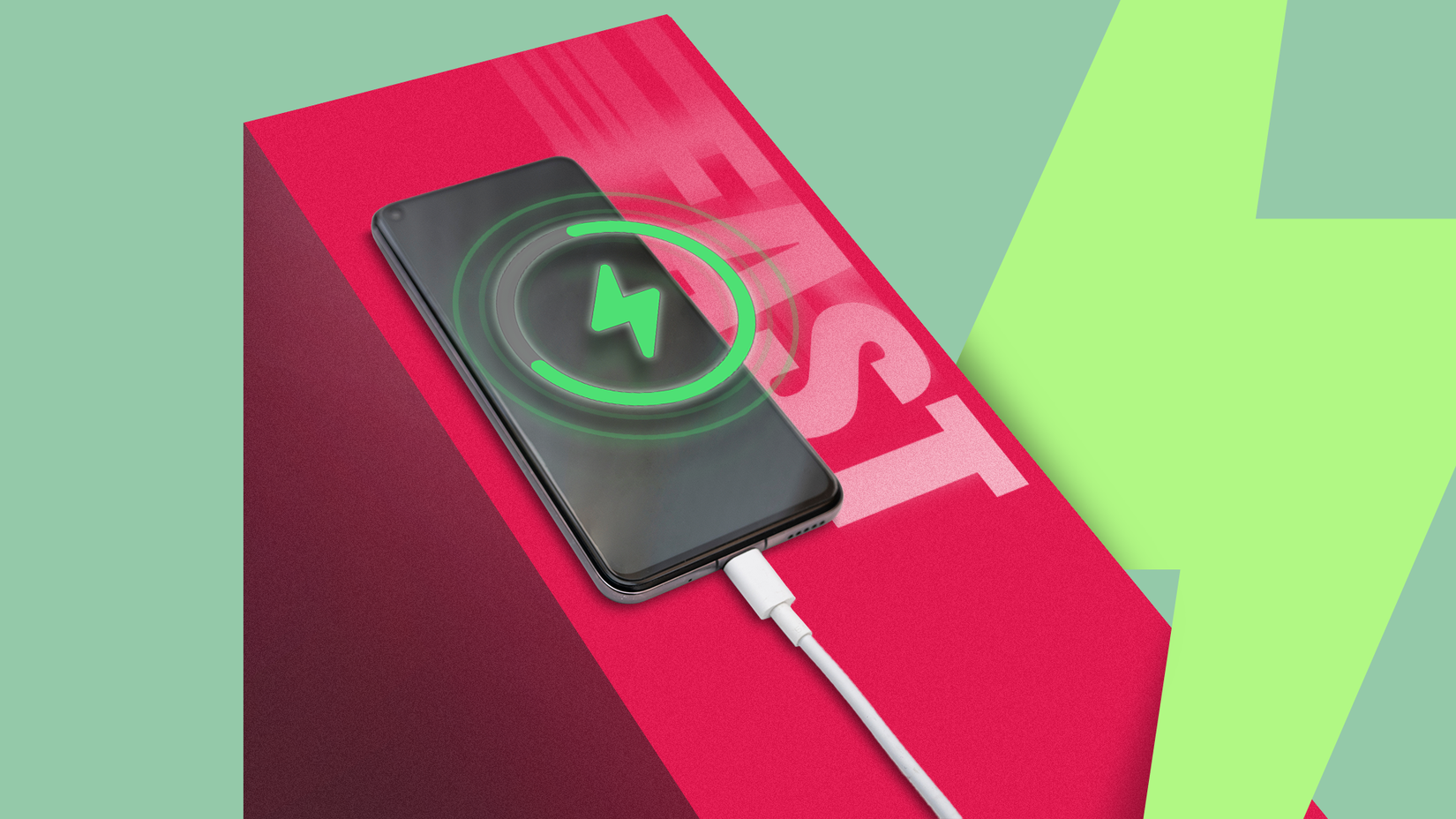 Smartphone charging with a lightning icon on the screen, with the word 'FAST' partially visible, and a large green lightning bolt on the right.