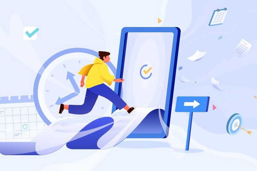 An illustration of a person running towards a screen with the TickTick icon on display