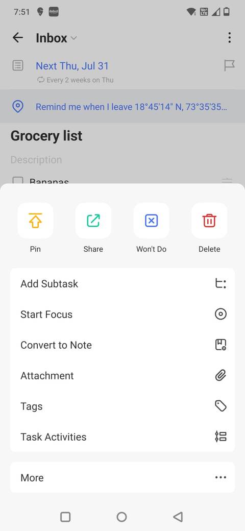 Screenshot of the list actions in TickTick