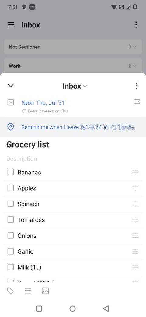 Screenshot of a grocery list in TickTick