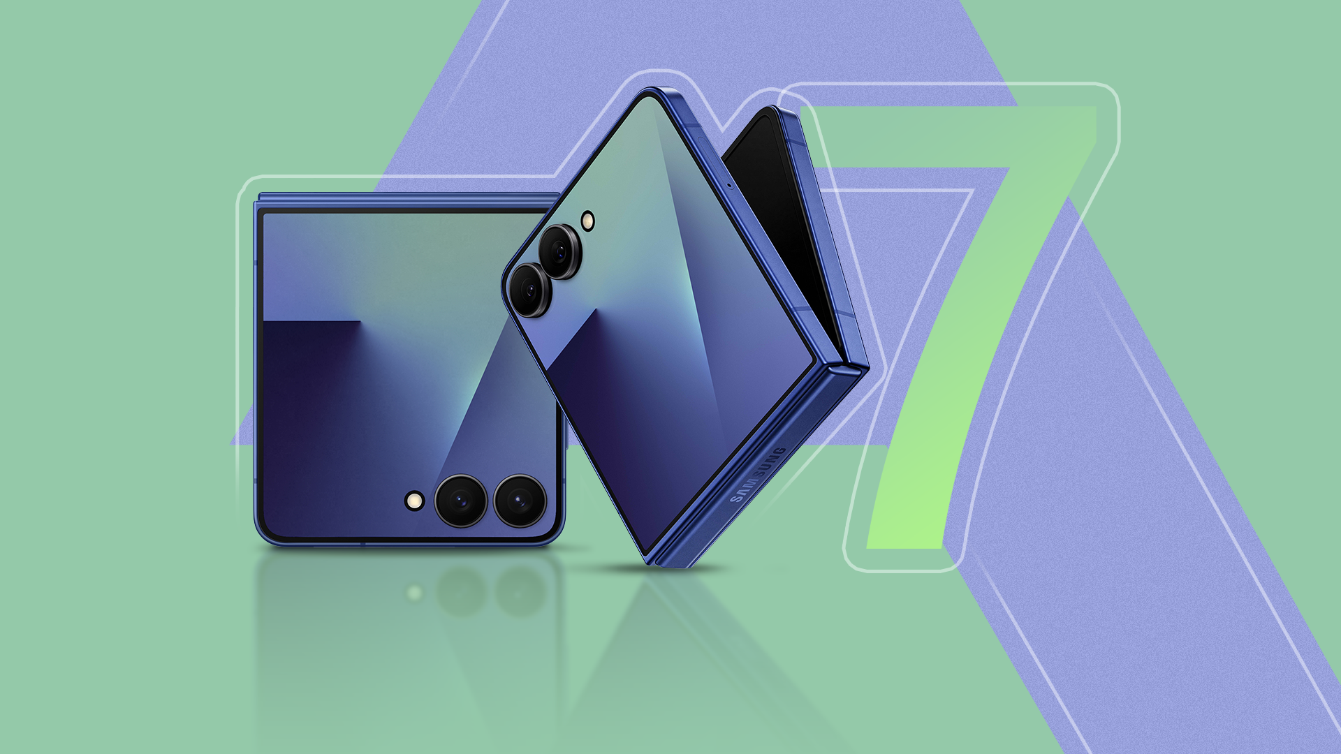 Two Samsung Galaxy Z Flip 7 phones placed against a green background, with a large number 7 beside them