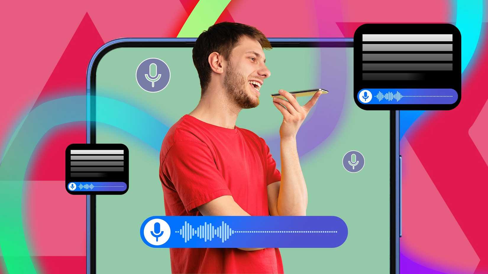 Man recording a voice note on his smartphone, surrounded by microphone icons and waveforms