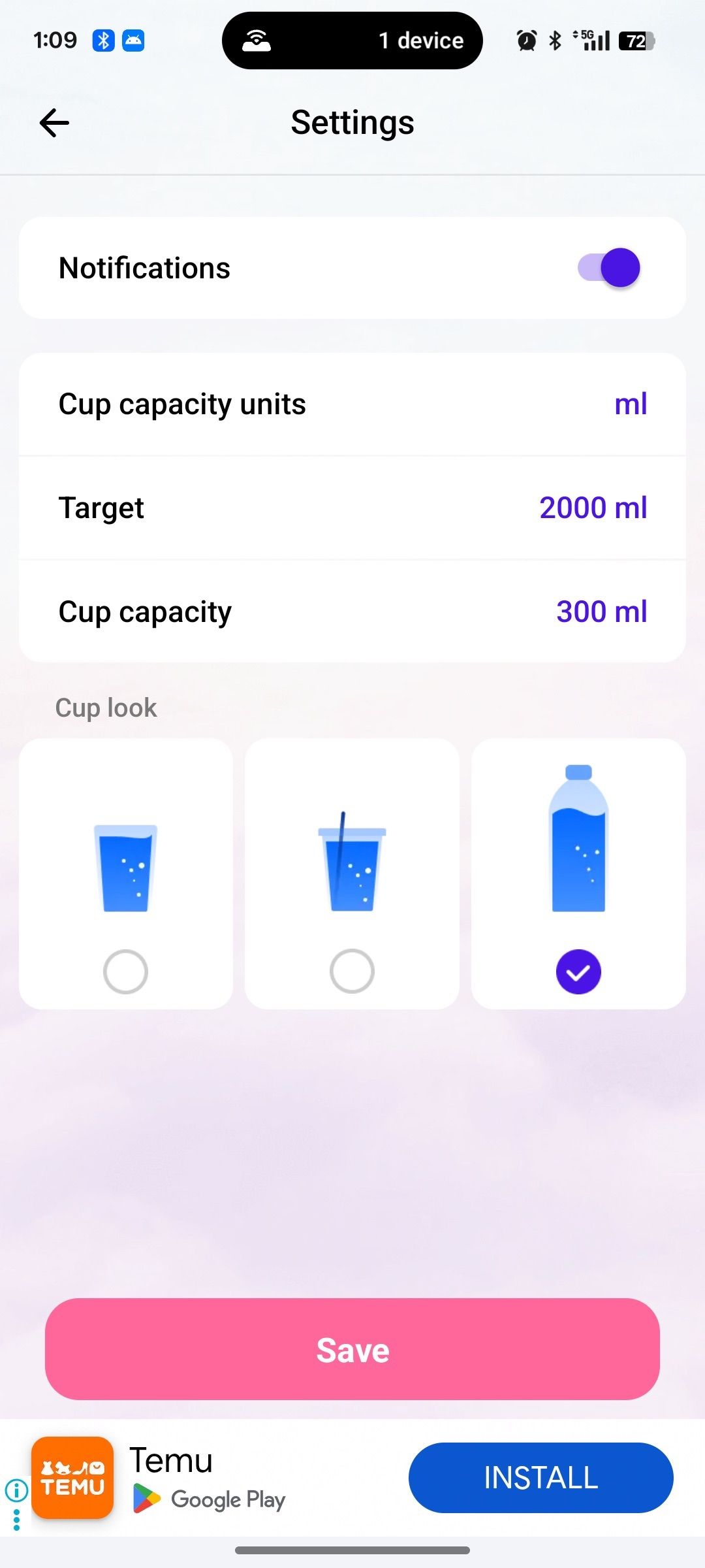 Settings menu for adjusting water drinking goals on period tracking app