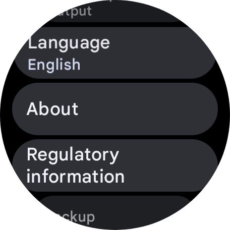 System settings in Wear OS with details like About, Language, and other information listed