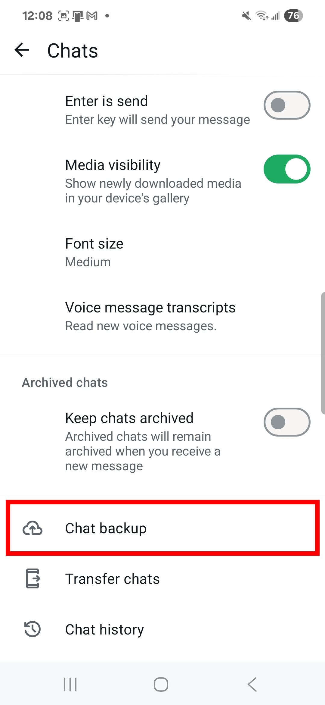 Red rectangle outline highlighting Chat backup in the Chats section of the WhatsApp app