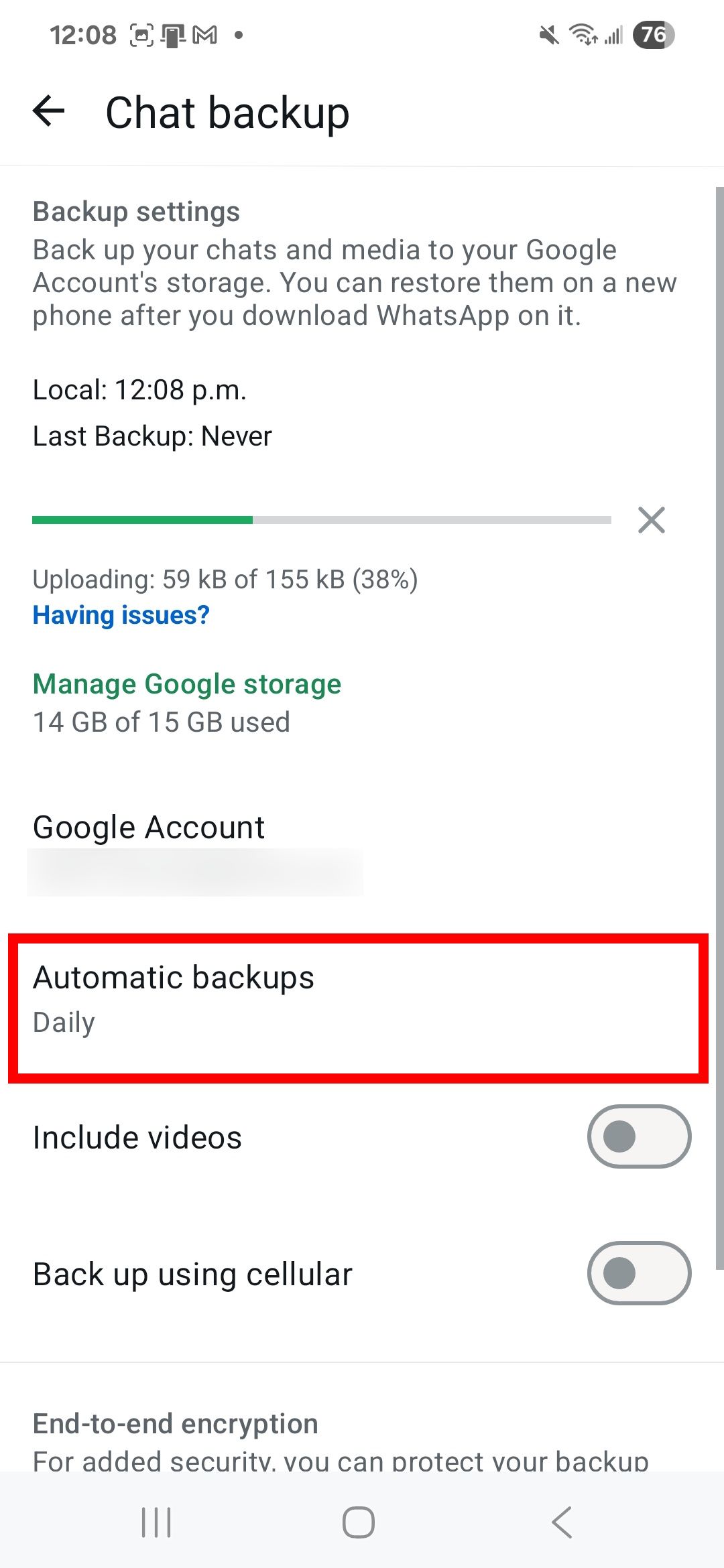 Red rectangle outline highlighting Automatic backups in the Chat backup settings in the WhatsApp app