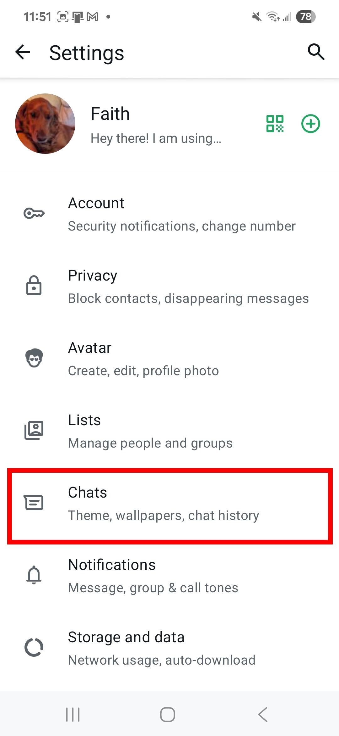 Selecting Chats in the WhatsApp app menu in Settings