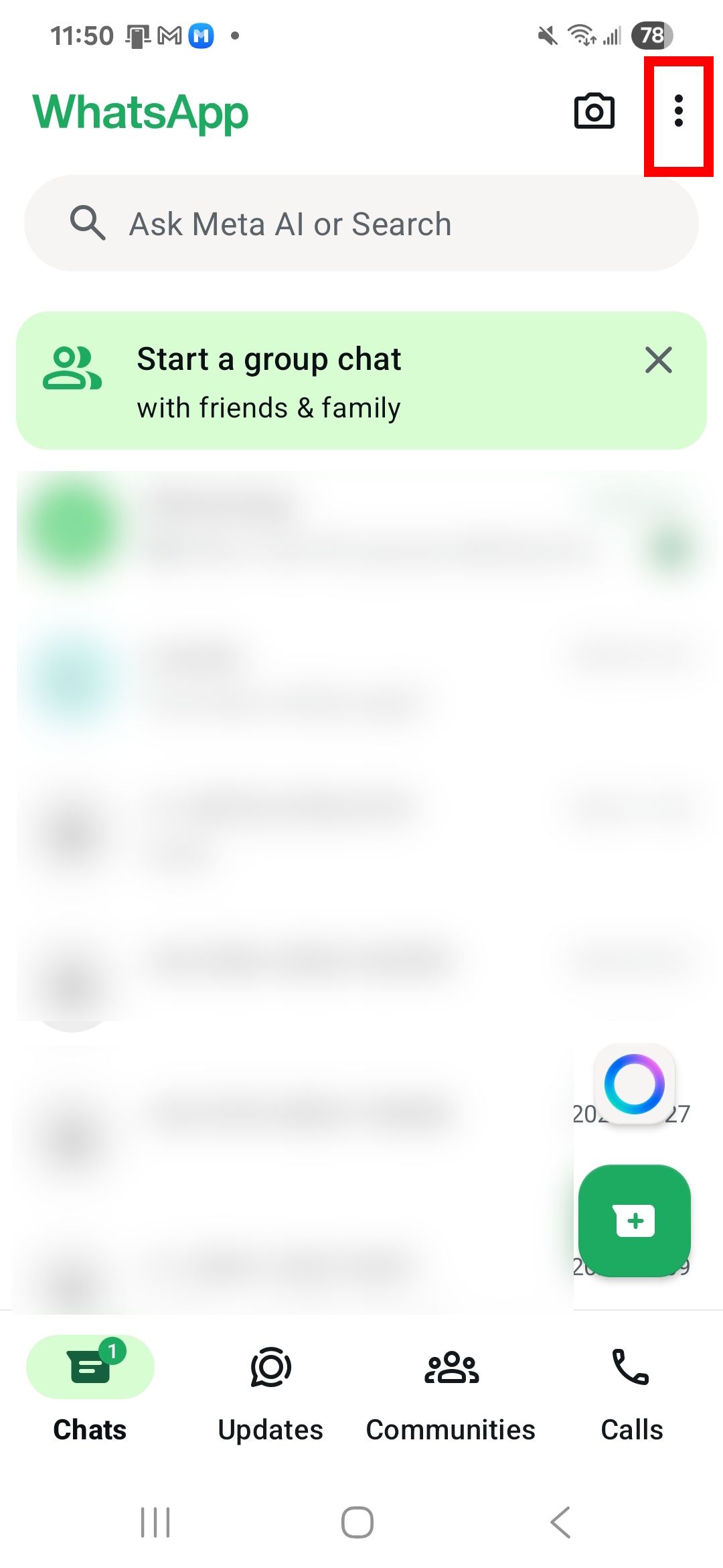 Red rectangle outline highlighting the three dot icon menu in WhatsApp app